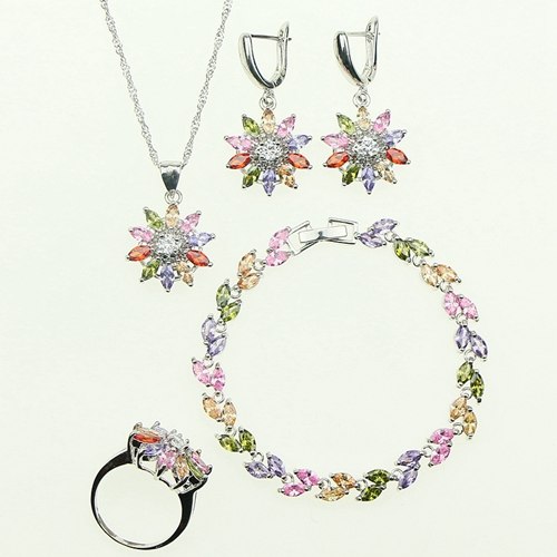 925 Sterling Silver Jewelry Sets For Women Flower With Multicolor Crystal Zircon Earrings/Pendant/Necklace/Ring/Bracelet Gift