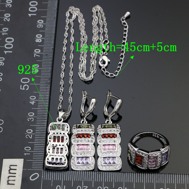 925 Sterling Silver Bridal Jewelry Sets For Women Multicolor Cubic Zirconia White Crystal Earrings Pendant Ring Necklace