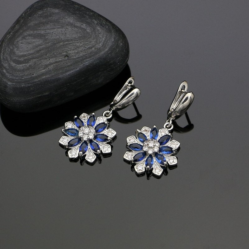 Charming Flower Blue Cubic Zirconia 925 Sterling Silver Bride Jewelry Sets Wedding Earrings/Pendant/Necklace For Women Gift Box