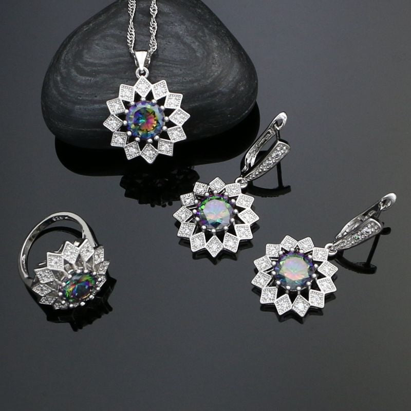 925 Silver Bridal Jewelry Sets For Women Mystac Rainbow Cubic Zirconia White Crystal Earrings Ring Necklace Pendant Set