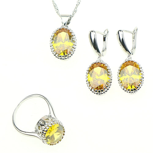 Golden Yellow Crystal White Zircon Created 925 Sterling Silver Jewelry Sets For Women Earrings/Rings/Pendant/Necklace Free Box