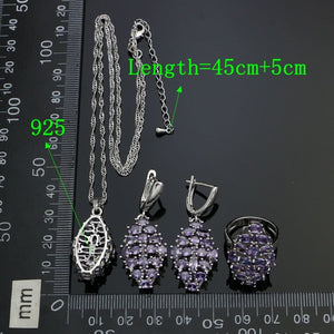 Purple Stones 925 Sterling Silver Wedding Jewelry Sets For Women Cubic Zirconia Earrings Ring Necklace Pendant Set