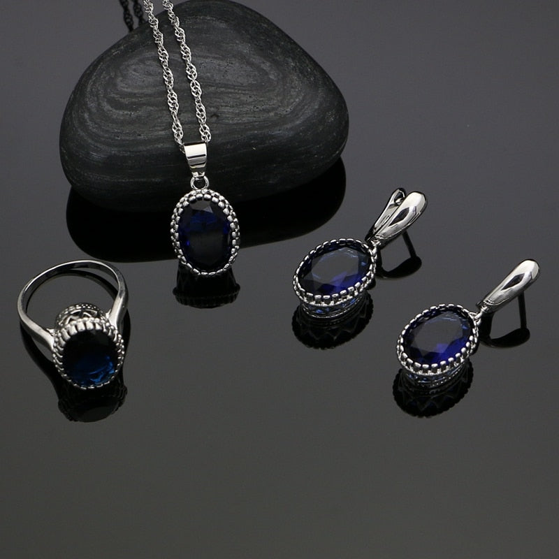 Oval Blue Cubic Zirconia Jewelery 925 Silver Jewelry Sets For Women Wedding Earrings/Rings/Necklace/Pendant Free Box