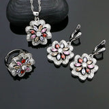 Silver 925 Bridal Jewelry Sets For Women Flower Shaped Multicolor Stone White Crystal Earrings/Rings/Pendant/Necklace Set