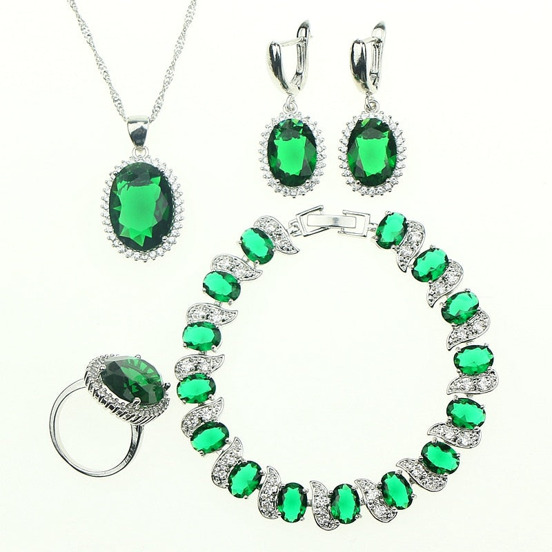 Green Created Emerald White Zircon 925 Sterling Silver Wedding Jewelry Sets For Women Earrings/Rings/Bracelet/Necklace/Pendant