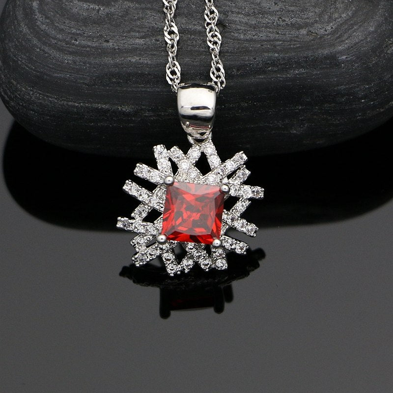 Silver 925 Jewelry Natural Red Zircon White CZ Bead Jewelry Sets For Women Anniversary Accessories Earrings Ring Necklace Set 