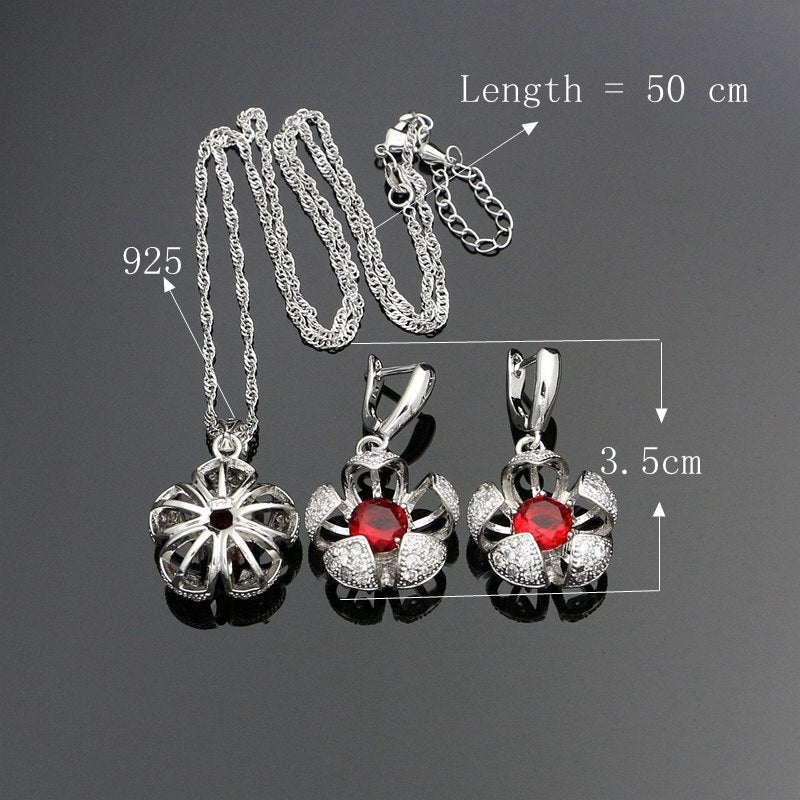 Mystic Silver 925 Jewelry Natural Red Stones White CZ Beads Bridal Jewelry Sets For Women Wedding Earrings Ring Necklace Set 