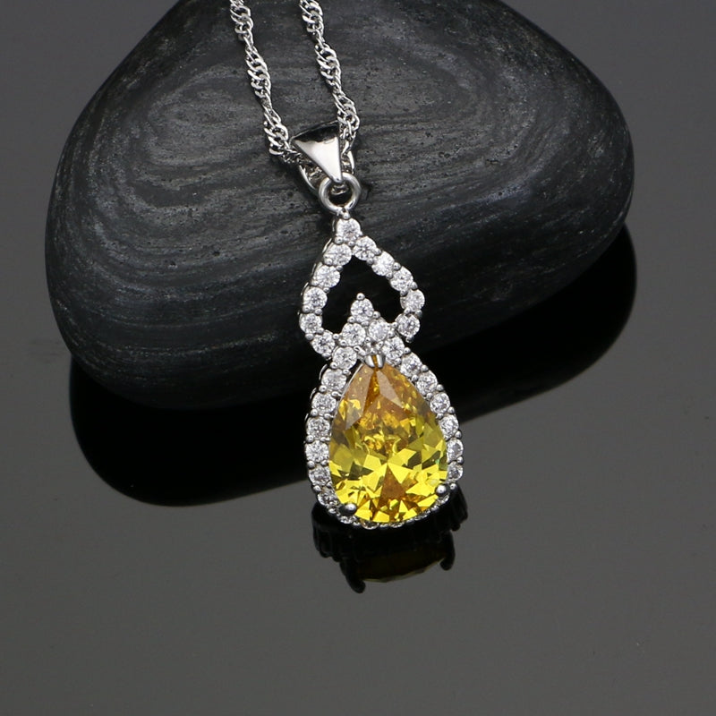 Yellow Zircon 925 Sterling Silver Jewelry Set For Caucasian Wedding With Stone Earrings Open Ring/Bracelet/Pendant/Necklace Set