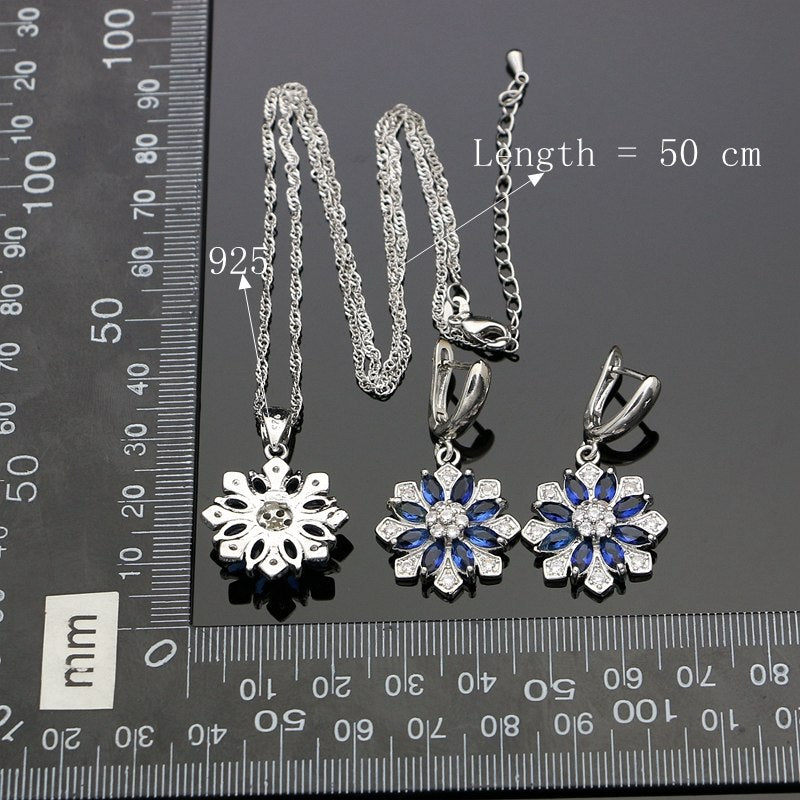 Charming Flower Blue Cubic Zirconia 925 Sterling Silver Bride Jewelry Sets Wedding Earrings/Pendant/Necklace For Women Gift Box