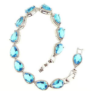 Bridal Water Drop Simulated Sky Blue Created Stone White Zircon Silver Color Link Chain Bracelet For Women Jewelry Free Gift Box