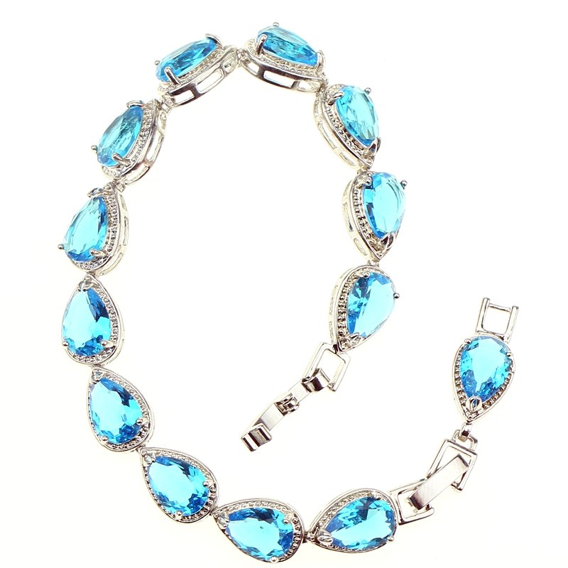 Bridal Water Drop Simulated Sky Blue Created Stone White Zircon Silver Color Link Chain Bracelet For Women Jewelry Free Gift Box