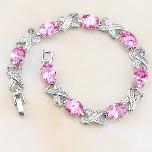 Bridal Captivating Pink Powder Crystal White Zircon Created 925 Sterling Silver Jewelry Link Chain Bracelet 18.5cm Free Gift Box