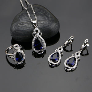 Silver 925 Jewelry Sets Blue Cubic Zirconia White CZ Beads Decorations For Women Weeding Earrings/Pendant/Necklace/Ring 