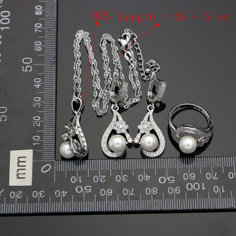 Freshwater Pearls Silver 925 Bridal Jewelry Sets Flower White CZ Decoration For Women Wedding Earrings/Pendant/Ring/Necklace Set