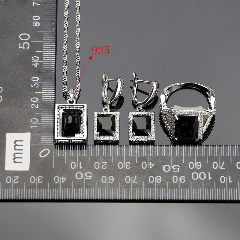 925 Sterling Silver Punk Jewelry Sets For Women Black Cubic Zirconia White Crystal Earrings/Pendant/Necklace/Ring/Bracelet 