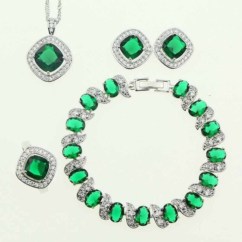 Green Cubic Zirconia Created 925 Sterling Silver Jewelry Sets For Women Wedding Earrings/Ring/Bracelet/Necklace/Pendant Gift Box