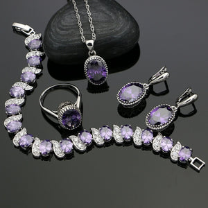 925 Silver Jewelry Sets For Women Party Accessories Purple Cubic zirconia Drop Earrings/Rings/Bracelet/Pendant/Necklace Set