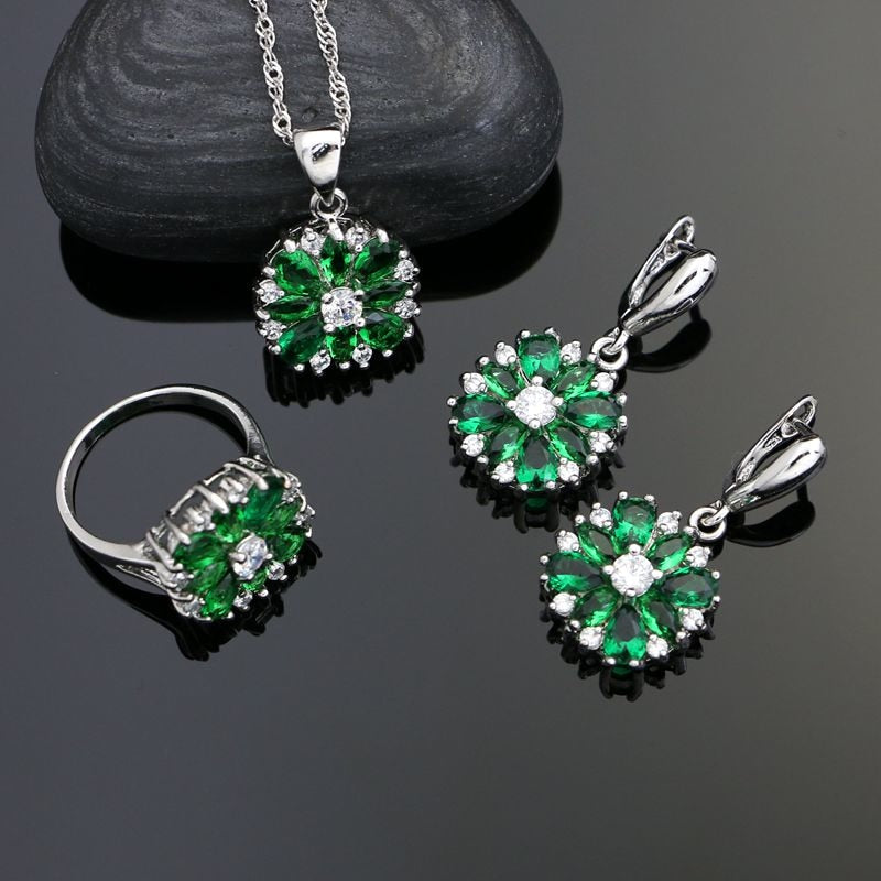 925 Silver Jewelry Sets For Women Party Accessories White Crystal Green Cubic Zirconia Earrings Ring Necklace Pendant Set