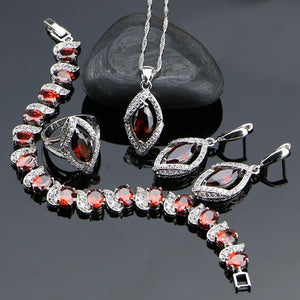 Lozenge 925 Sterling Silver Red CZ White Zircon Jewelry Sets For Women Gift Bracelet/Earrings/Pendant/Necklace/Ring 