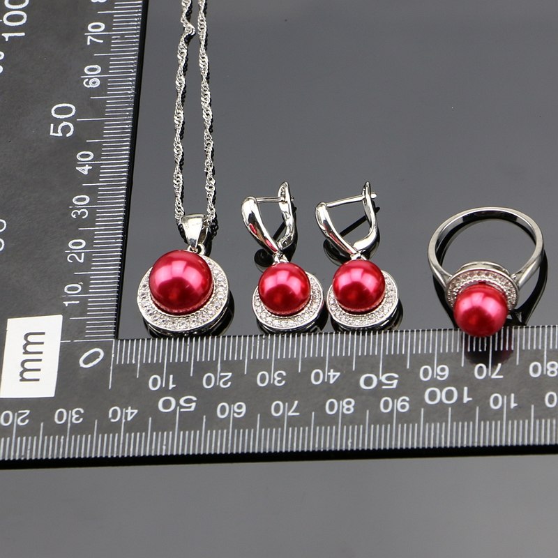 925 Sterling Silver Jewelry Sets Red Simulated Pearls With White Beads Women Wedding Earrings/Pendant/Ring/Necklace Set