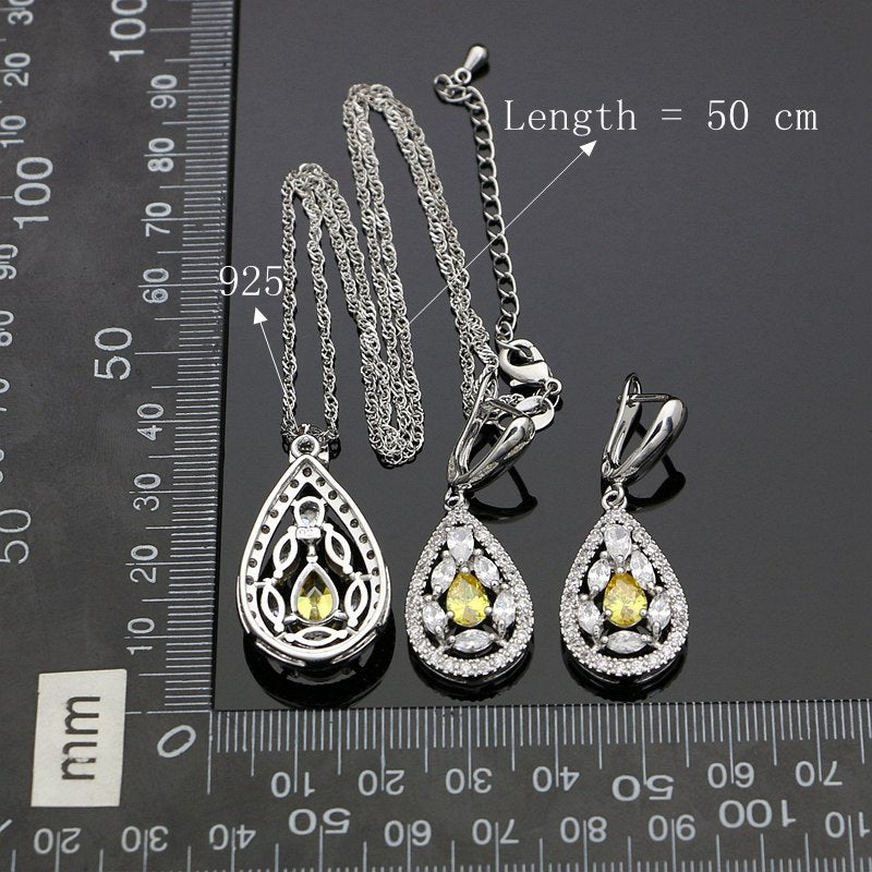 925 Silver Jewelry Yellow AAA+ Cubic Zirconia White Crystal Jewelry Sets Earrings/Pendant/Necklace Set/Ring For Women