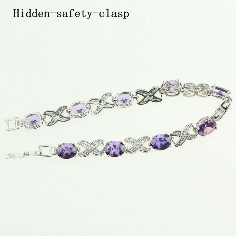 Captivating Purple Natural Crystal White Zircon Created 925 Sterling Silver Jewelry Link Chain Bracelet 18.5cm Free Gift Box