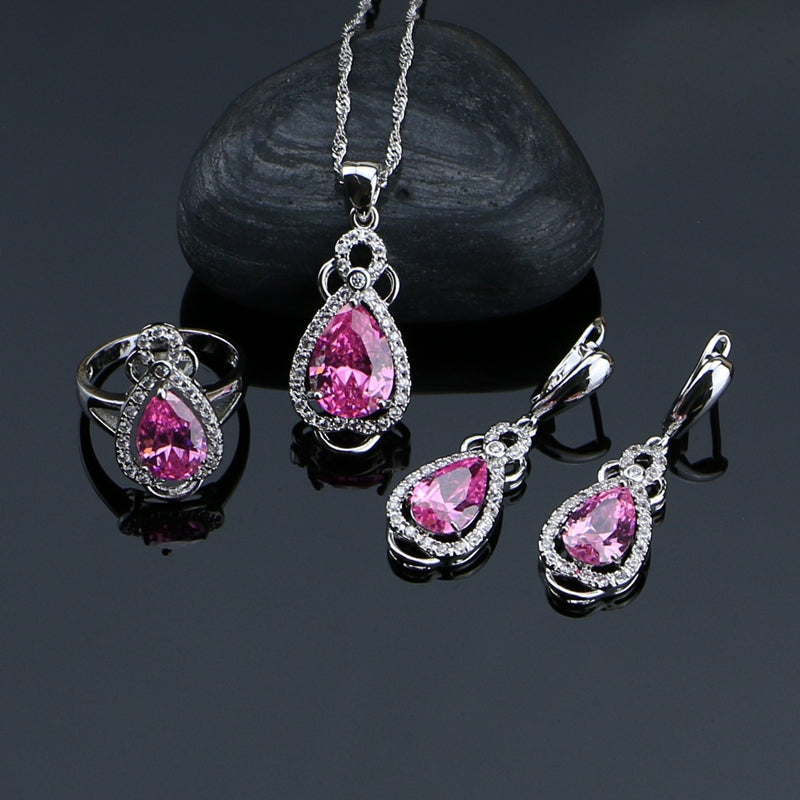 Pink Cubic Zirconia White Zircon Silver 925 Jewelry Sets For Women Wedding Earrings/Ring/Necklace Free Gift Box