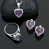 Heart 925 Sterling Silver Jewelry Sets For Women Mystic Rainbow Cubic Zirconia White Crystal Earrings Ring Necklace Pendant Set