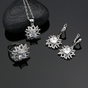  925 Sterling Silver Jewelry Sets White Cubic Zirconia For Women Snniversary Earrings With Stone Ring Pendant Necklace Set