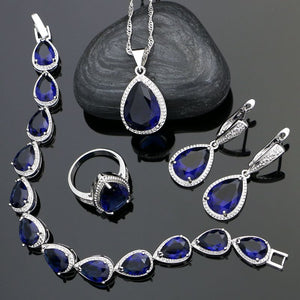 Water Drop 925 Silver Jewelry Sets For Women Party Decoration Blue Cubic Zirconia Earrings/Ring/Bracelet/Necklace/Pendant