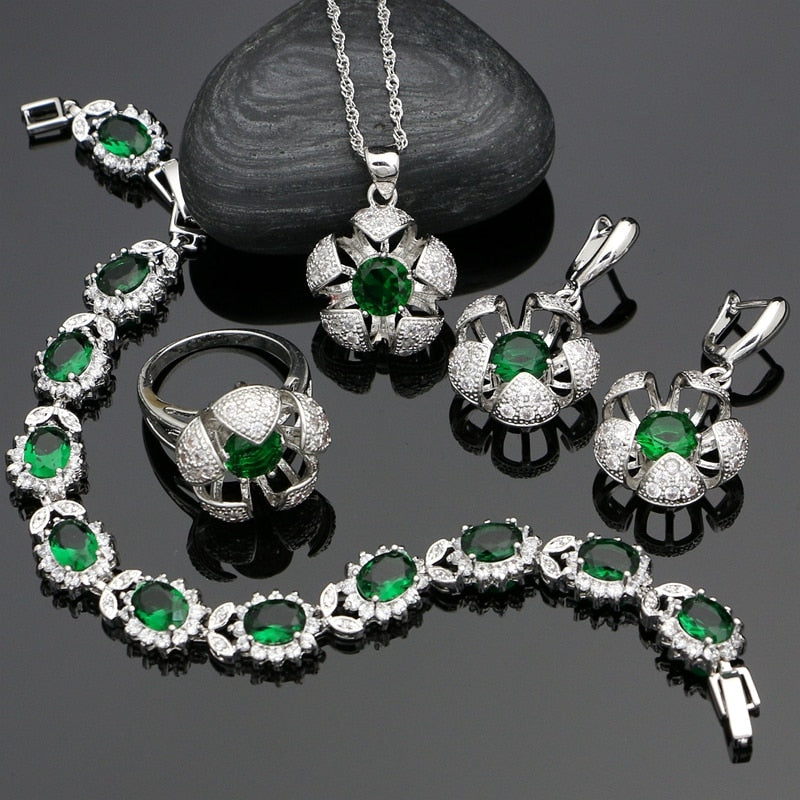 925 Sterling Silver Bridal Jewelry Sets Green Zircon White Crystal Necklace Set Engagement Jewelry Earrings For Women 4PCS