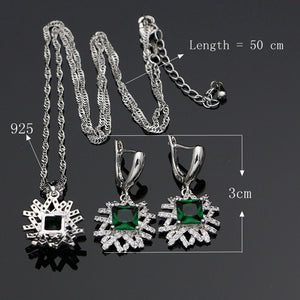 925 Sterling Silver Costume Jewelry Sets Green Zircon White Crystal Necklace Set Wedding Jewelry Earrings For Women 4PCS