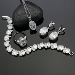 Silver 925 Bridal Jewelry Sets White Crystal Stone For Women Anniversary Ring/Pendant/Bracelet/Earrings/Necklace Set