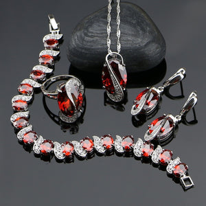 925 Silver Jewelry Red Cubic Zirconia With White Beads Jewelery Sets For Women Bracelet/Earrings/Ring/Pendant/Necklace