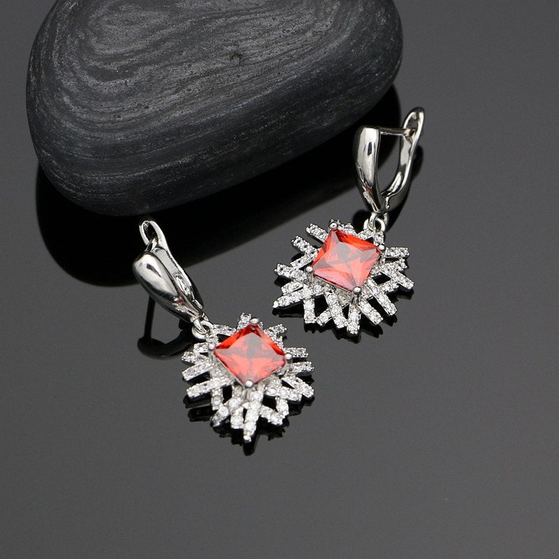 Natural Red Stone White Crystal 925 Silver Jewelry Sets For Ladies Weeding Earrings Silver Flower Bride Necklace Set