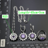 Wedding Decoration 925 Sterling Silver Jewelry Sets For Bride Purple Stone Cubic Zirconia Earrings Ring Necklace Pendant Set