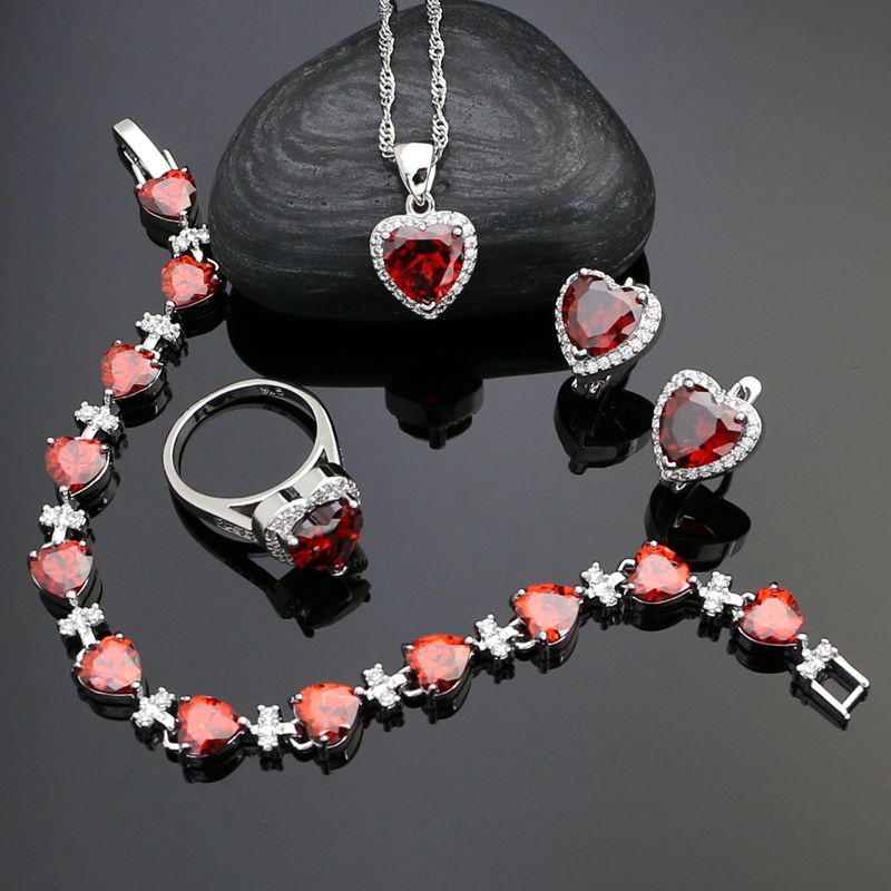 Heart Shaped Jewelry Sets Of 925 Silver For Bride Red Cubic Zirconia White Crystal Earrings/Pendant/Necklace/Ring/Bracelet