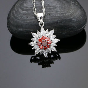 Flower Shaped 925 Sterling Silver Bridal Jewelry Sets For Women Red And White Crystal Earrings/Pendant/Necklace/Ring/Bracelet 