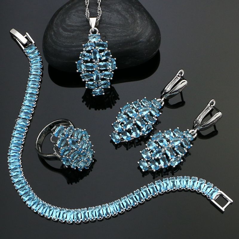 925 Silver Engagement Jewelry Sets For Women Sky Blue Cubic Zirconia Earrings/Pendant/Necklace/Ring/Bracelet