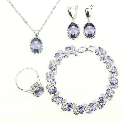 925 Silver Jewelry Sets For Women Party Accessories Purple Cubic zirconia Drop Earrings/Rings/Bracelet/Pendant/Necklace Set