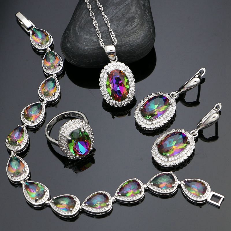 925 Sterling Silver Jewelry Sets Rainbow Cubic Zirconia White Crystal Earrings/Pendant/Necklace/Ring/Bracelet For Women