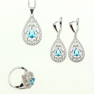 Women 925 Silver Jewelry Sky Blue Cubic Zirconia White Crystal Jewelry Sets Earrings/Pendant/Necklace/Ring