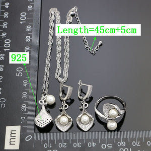 Classic Silver 925 Wedding Jewelry Sets For Women Pearl Beads White Cubic Zirconia Earrings Necklace Pendant Open Ring Set