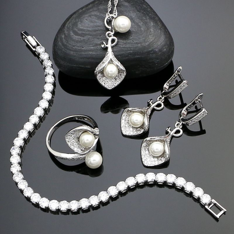 925 Sterling Silver Bridal Jewelry Sets White Pearl Beads Crystal For Women Earrings Pendant Necklace Bracelet Open Ring