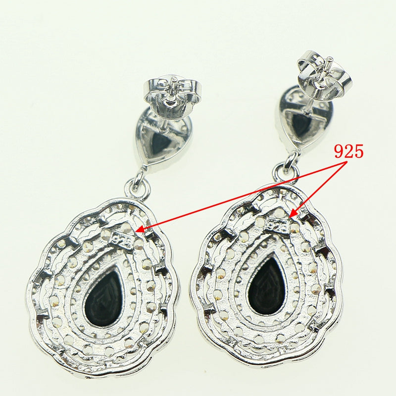 Fashion Women Sterling Silver 925 Jewelery Black Cubic Zirconia Crystal Earrings/Pendant/Necklace/Ring Jewelry Sets 