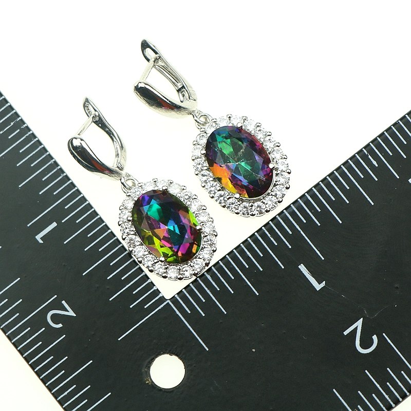 Women Wedding Oval Mystic Rainbow Fire Zircon 925 Sterling Silver Jewelry Set Pendant/Necklace/Ring/Earrings/Bracelet Free Box