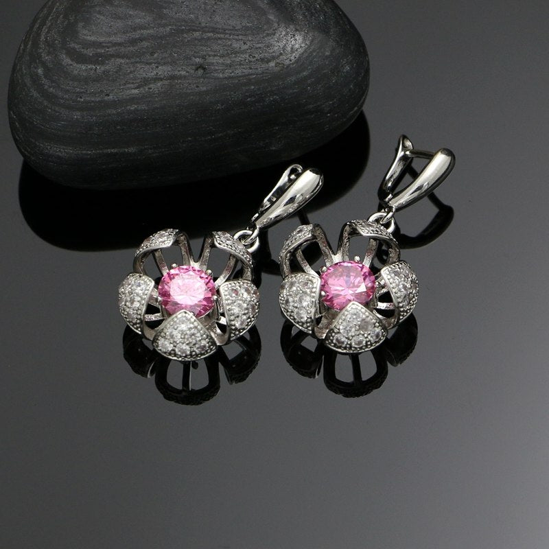 Cute Princess Pink Cubic Zirconia White Stone Women 925 Sliver Jewelry Sets For Wedding Earrings/Ring/ Bridal Necklace Set