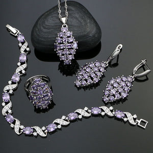 925 Sterling Silver Jewelry Sets For Bride Wedding Accessories Purple CZ Earrings/Pendant/Necklace/Ring/Bracelet