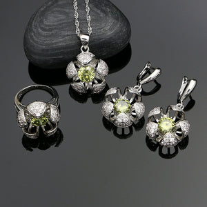 Olive Green Cubic Zirconia White Crystal Flower 925 Silver Jewelry Sets For Women Wedding Earrings/Rings/Pendant/Necklace Set