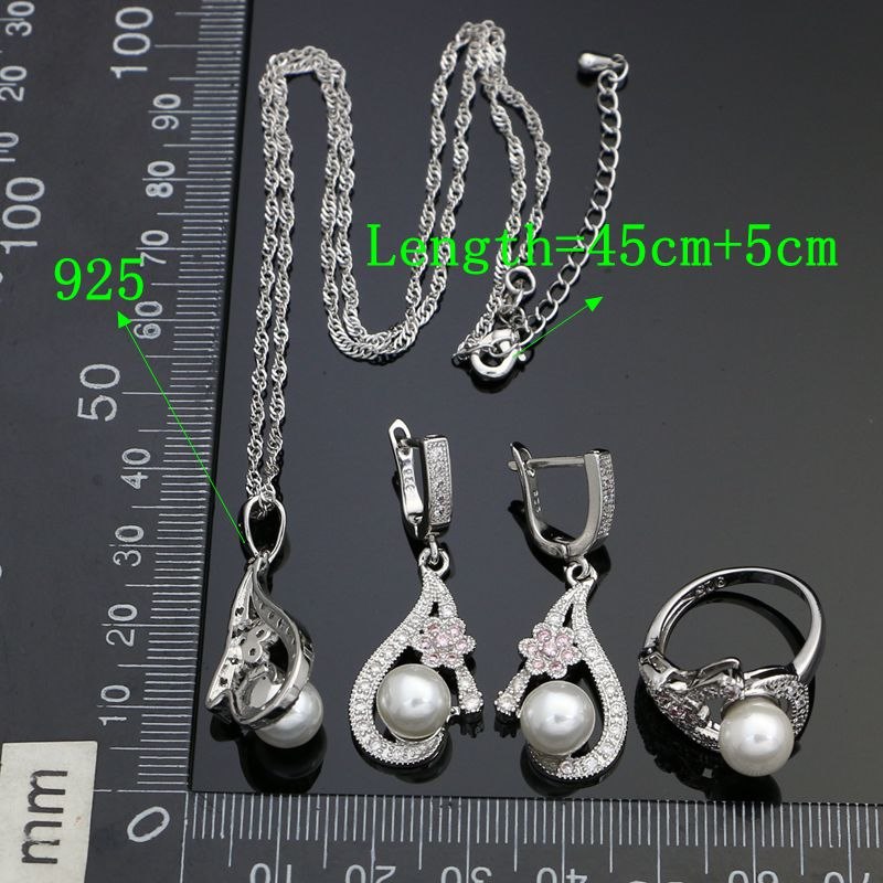 Silver 925 Jewelry Sets Pink Flower White Pearl Beads For Women Party Accessories Earrings Pendant Necklace Bracelet Ring